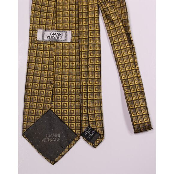 Gianni Versace Vintage 90's Gold Checkered Medusa Head Silk Necktie Tie - Picture 3 of 8